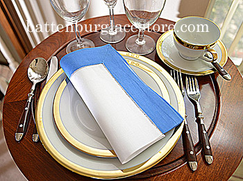 White Hemstitch Dinner Napkin with French Blue border - Click Image to Close